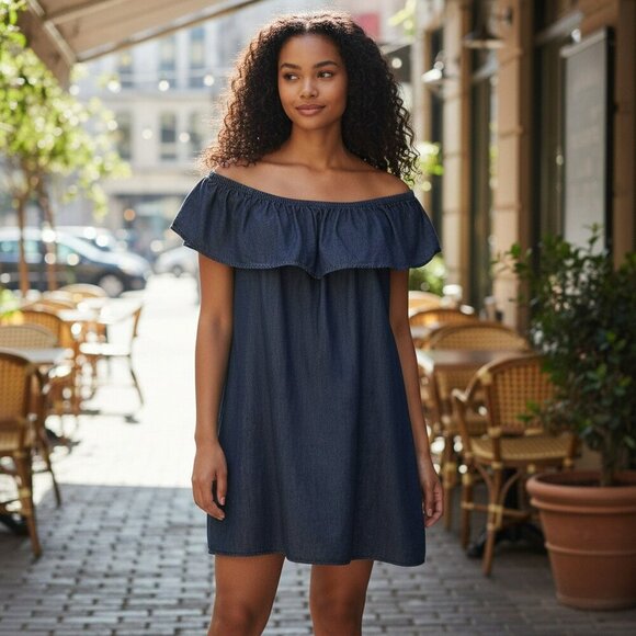 Faded Glory Dresses & Skirts - Faded Glory Womens XXL Blue Chambray Off the Shoulder Ruffle Denim Jean Dress